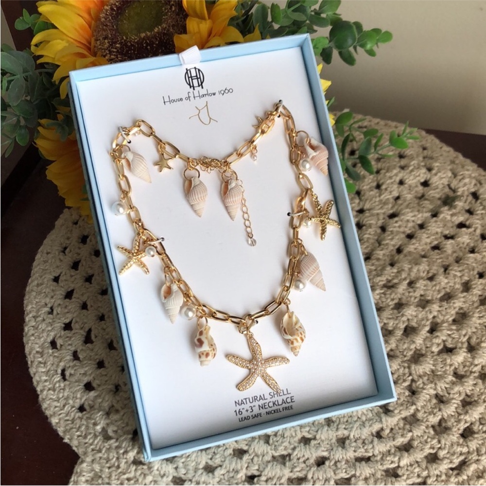 House of Harlow 1960 Gold Chain Necklace with Cream Shell Charms